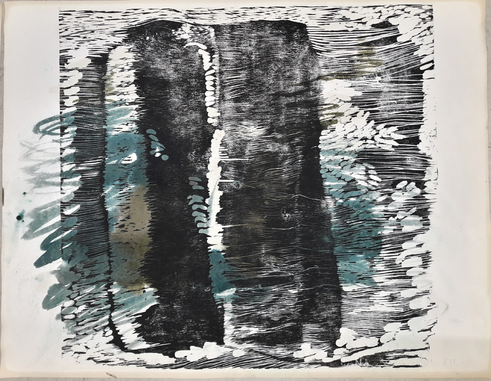 le secret des falaises, gravure sur bois, aquarelle, 65x50 cm, 2017